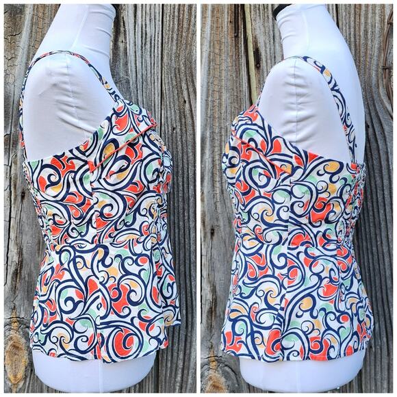 Swirl Print Tank CAbi Keepsake Cami Size 6 Cotton White Orange Zip Smocked Back - Picture 2 of 9